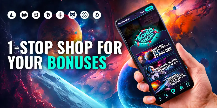 Bonus shop banner with phone UI and bitcoin symbol